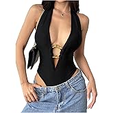 MakeMeChic Women's Deep V Neck Halter Bodysuit Tops Backless Metal Ring Party Leotard Tops