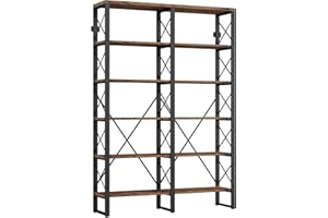 IRONCK Bookshelf Double Wide 6-Tier 76" H, Open Large Bookcase, Industrial Style Shelves, Wood and Metal Bookshelves for Home Office, Easy Assembly