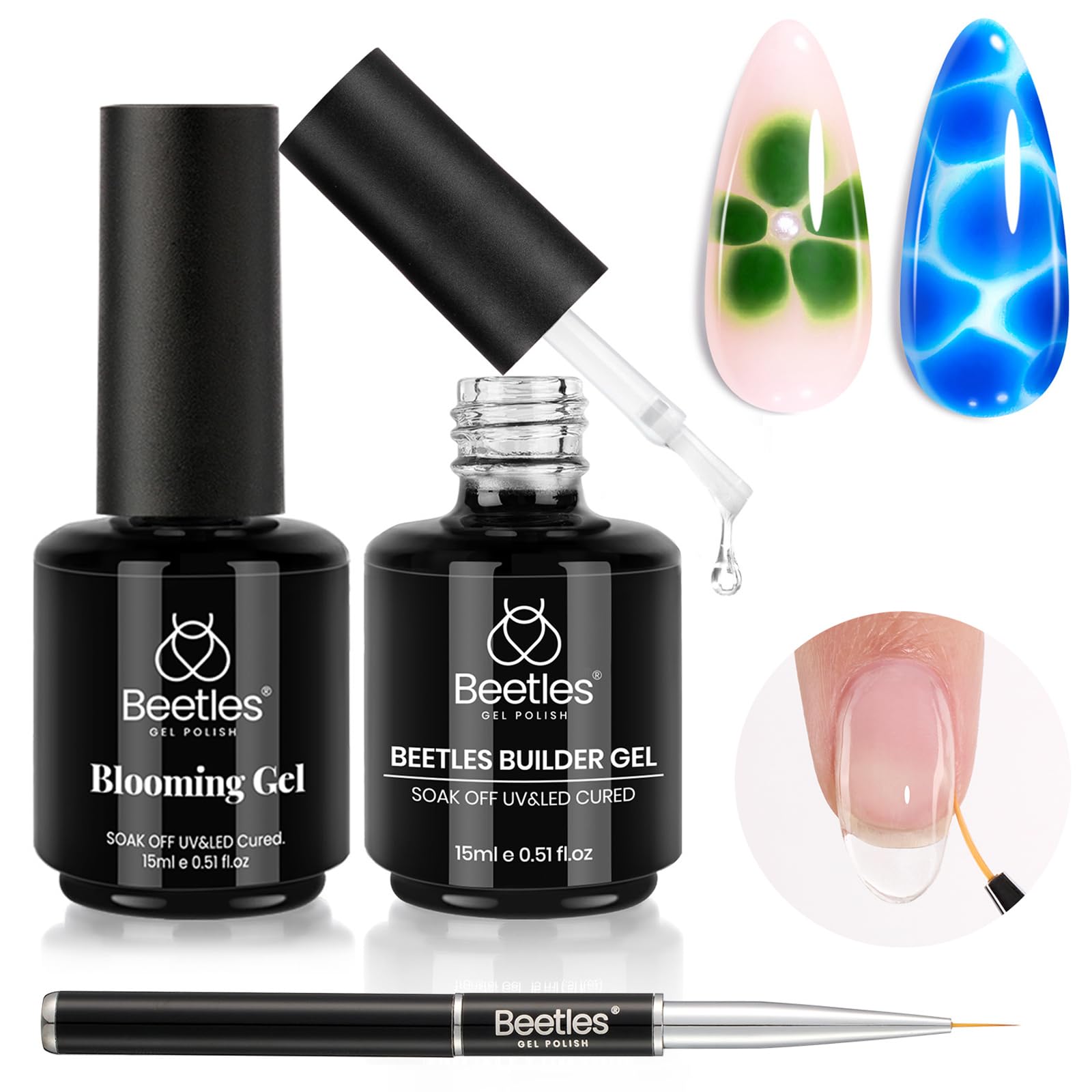 Beetles Builder Gel Nail and Blooming Gel Set- Nail Art Polish for Spreading Effect Marble Stone Builder Extension Nail Gel, Soak Off LED Nail Lamp Gel DIY Manicure Gifts for Women, 2 Pcs 15ml