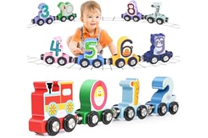 Lauon Toys for Toddlers, 12pc Wooden Magnetic Train Track Set with Animal and Digital Designs, Montessori Educational Toy for 2 3 4 5 Year Olds Boys and Girls Christmas Birthday Gift
