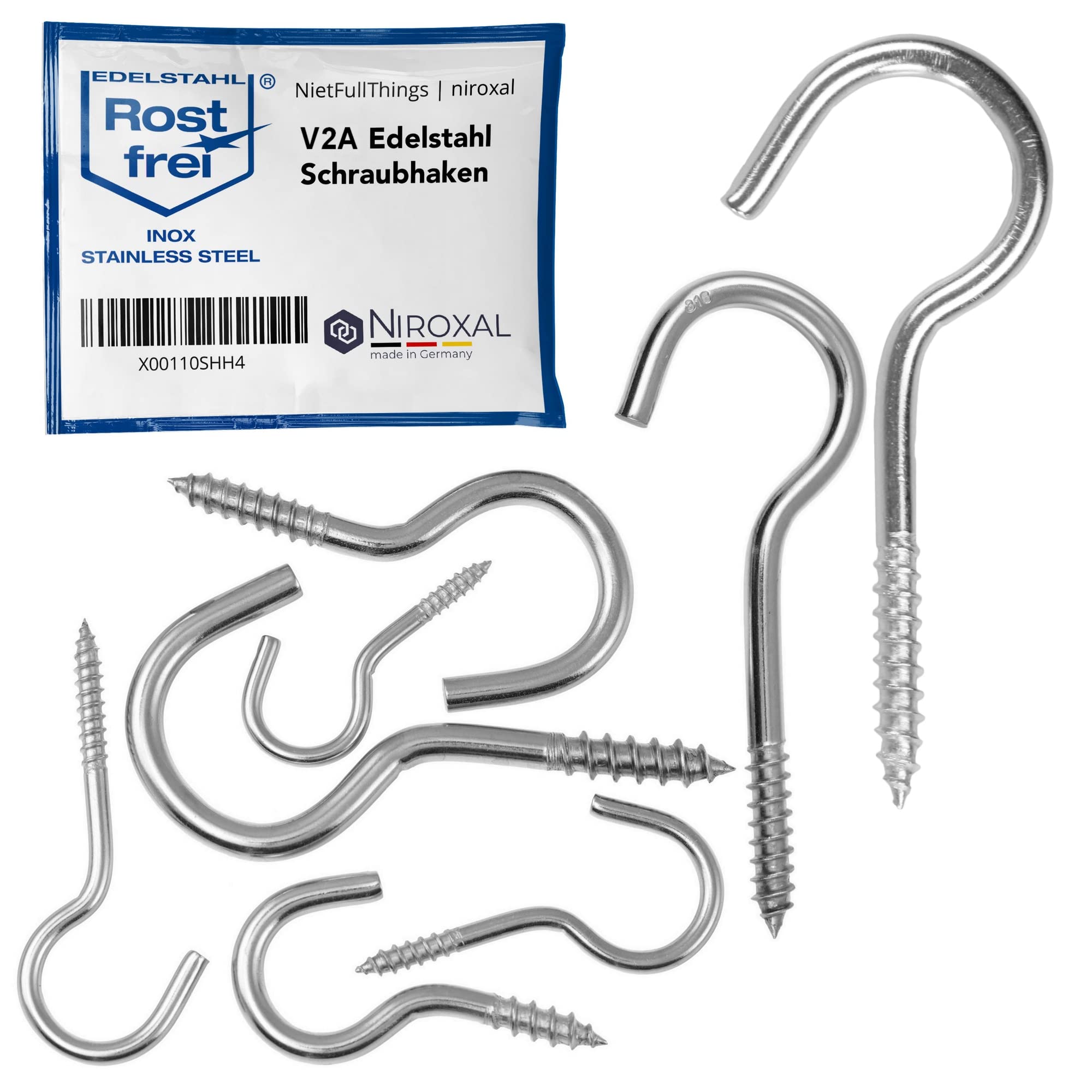 NietFullThings Screw Hooks Stainless Steel V2A Screw-in Hooks Ceiling Hooks Wall Hooks Heavy Duty Hooks for Hanging 5.8 mm x 100 mm Rustproof Metal Hook Pack of 2