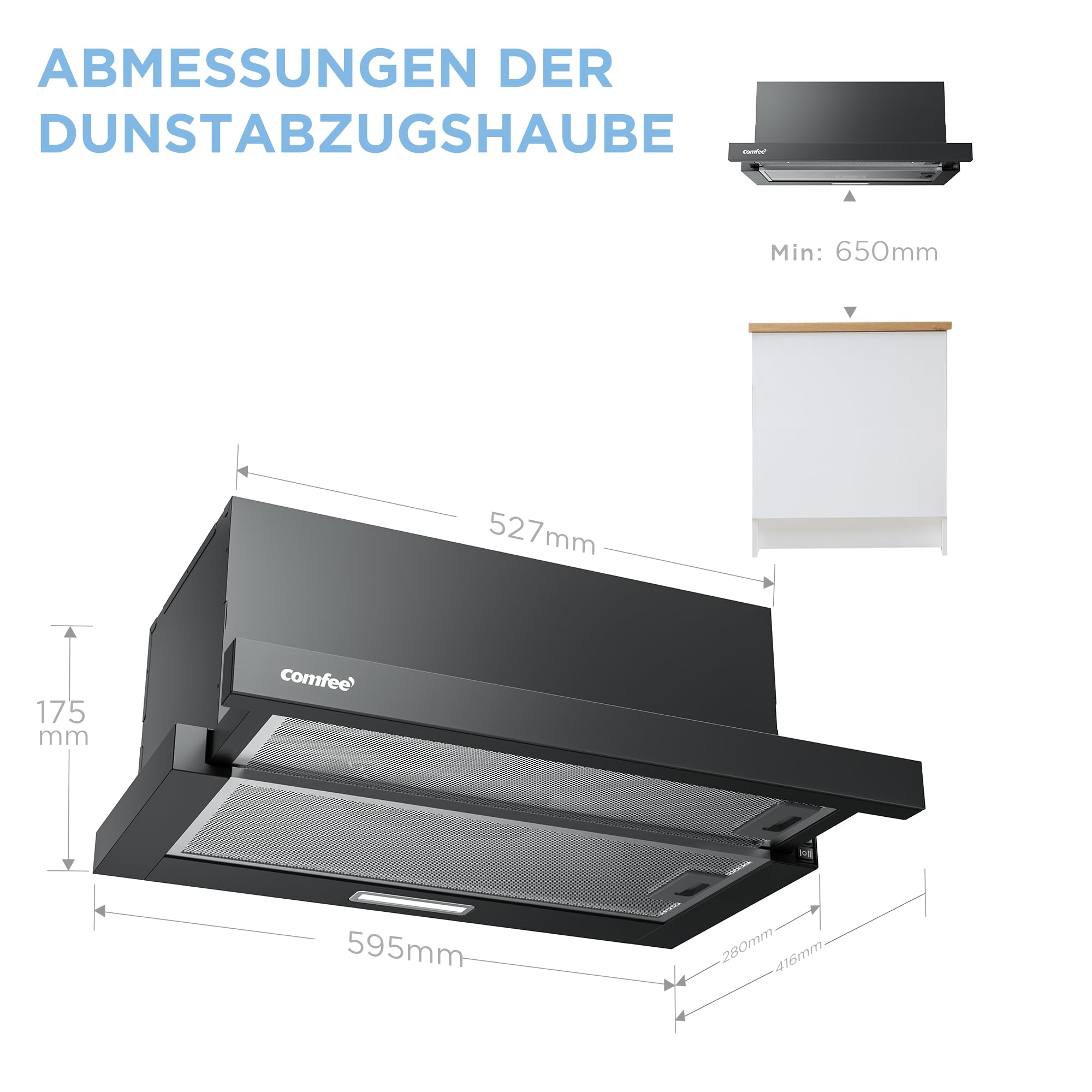 COMFEE' CHL03M21B Flachschirmhaube Dunstabzugshaube 60cm Umluft, 400 m³/h Luftstrom, Dunstabzug Unterbau Integrierte Einbau Flach Abluft Abzugshaube, Schwarz 2