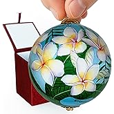 Collectible Kauai Hawaiian White Plumeria Ornament Hand-Painted Glass with Gift Box LP/K