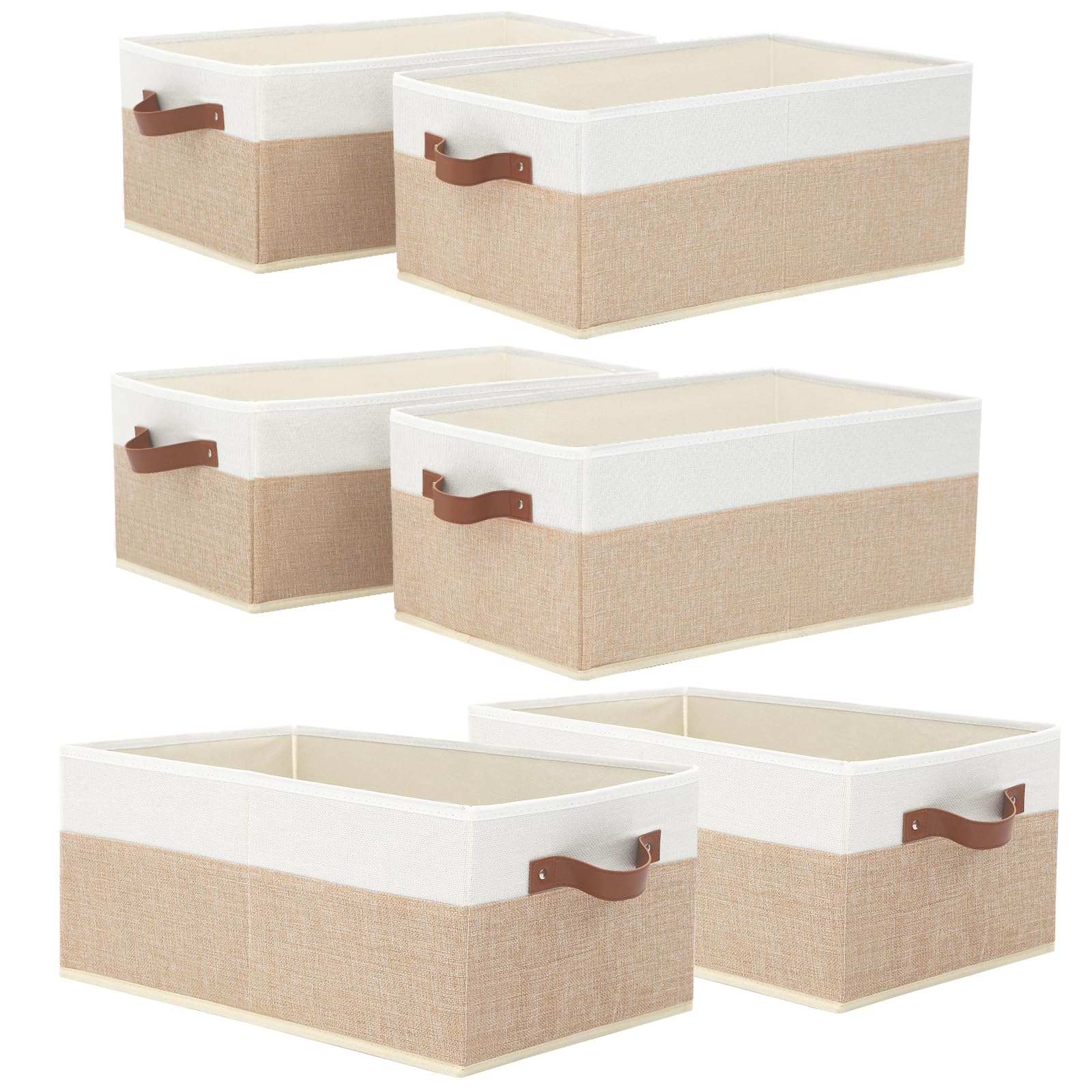 Photo 1 of 6 Pack Fabric Storage Bins, Large Storage Baskets for Shelves, Foldable Closet Organizer Storage Boxes with Leather Handles for Clothes, Sheets, Jeans, Toys, Books (Beige and White)