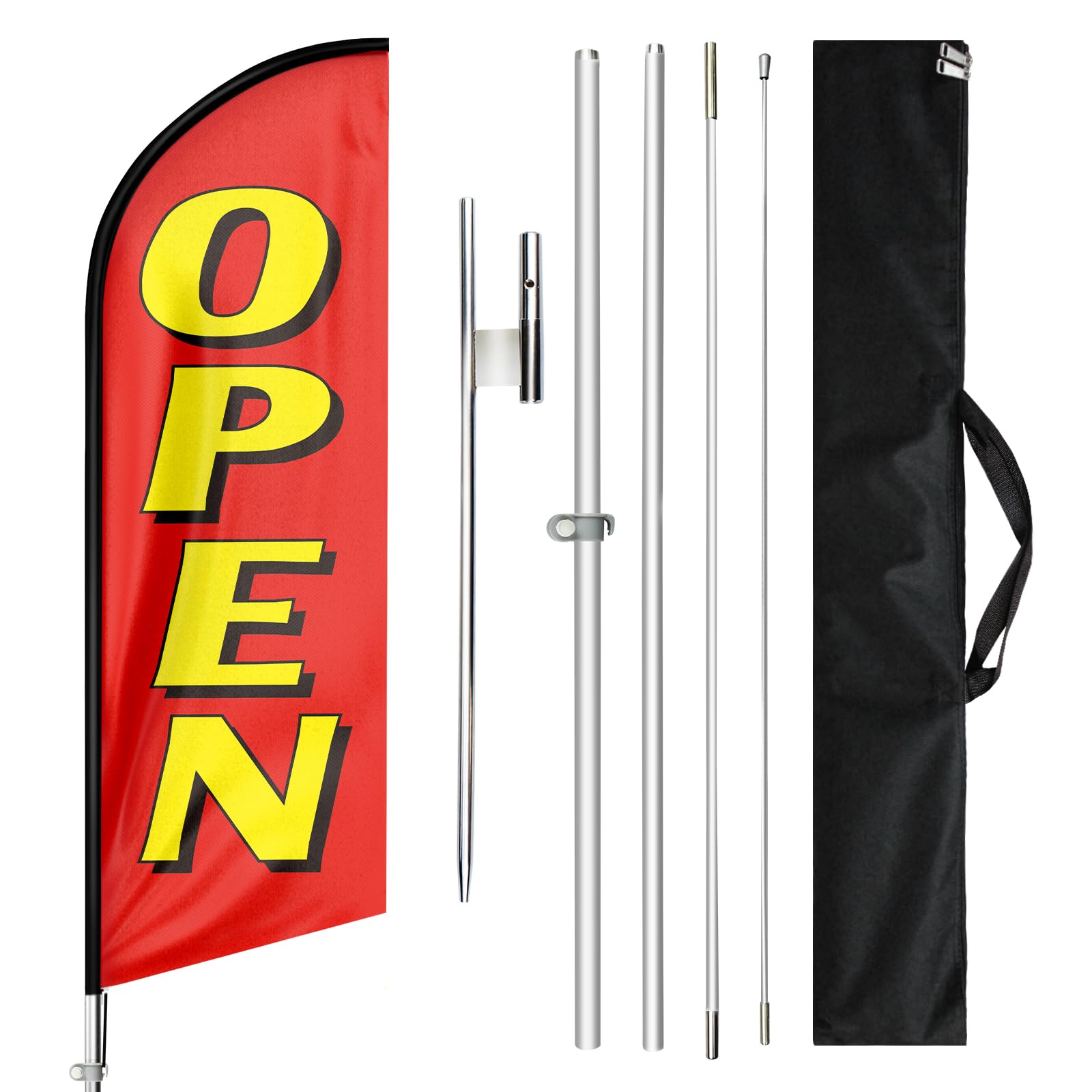 QSUM Open Flags for Business, 11FT Windless Flag With Aluminum Alloy Flagpole Kit, Stainless Steel Ground Stake, Portable Bag, Swooper Banner for Commercial Flags