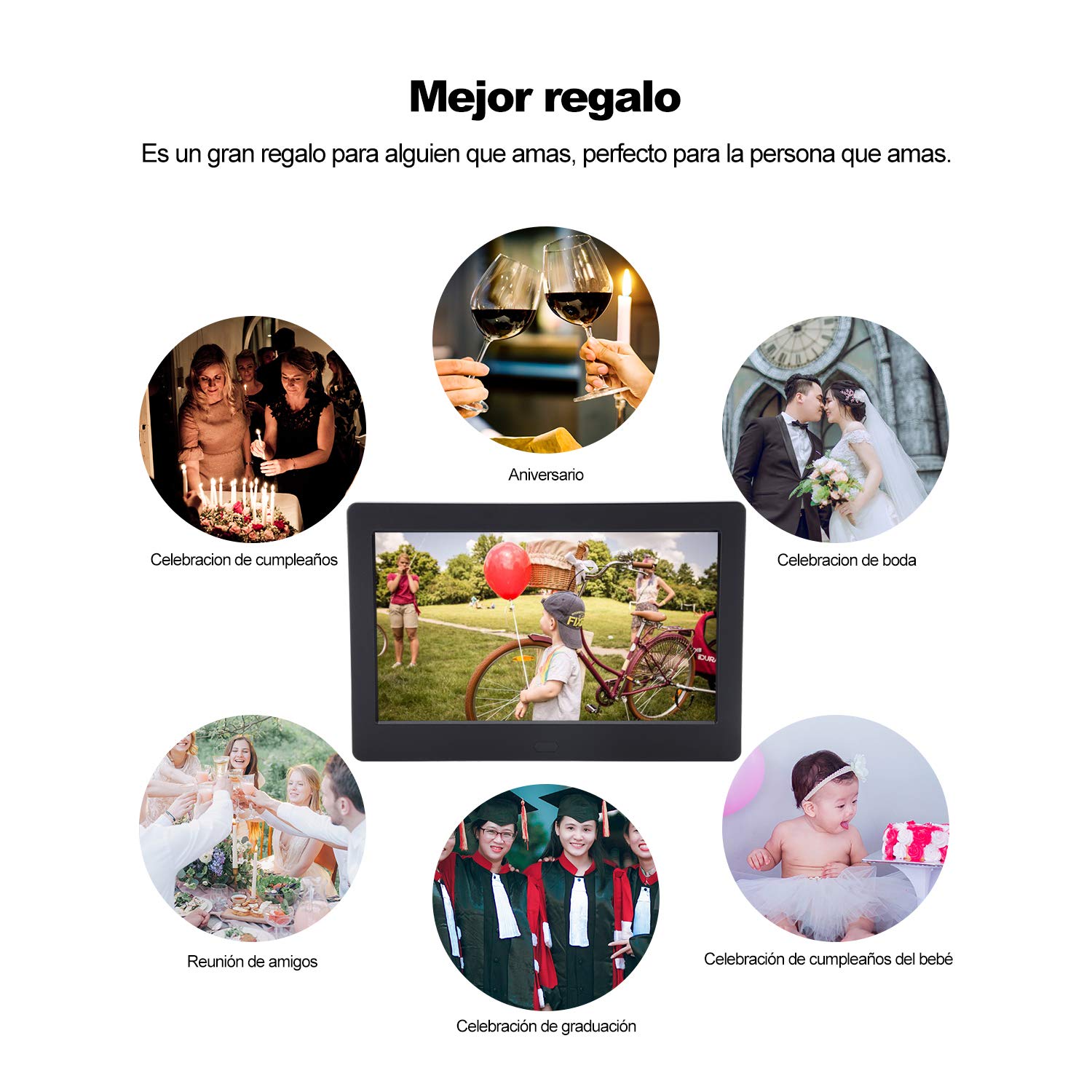 Marco Digital 7 Pulgadas Pantalla IPS Full HD, Marco de Fotos Digital HD Reproductor de Audio MP3 MP4/el Interruptor del Temporizador/Reloj/Calendario/con Control Remoto（Incluye Varilla de Soporte）