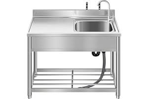 KINGBO Free Standing Stainless-Steel Single Bowl Commercial Restaurant Kitchen Sink Set w/Faucet & Drainboard, Prep & Utility Washing Hand Basin w/Workbench & Storage Shelves Indoor Outdoor (39 in)