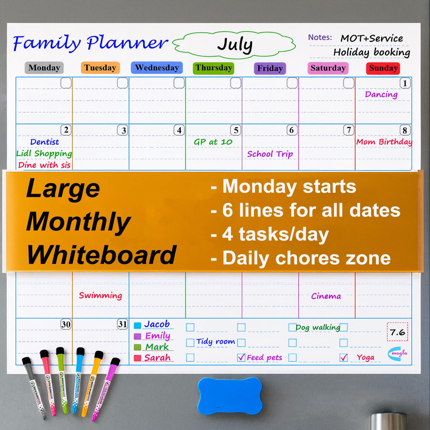 Large Magnetic Monthly Planner Whiteboard for Fridge by Magla– Monday Start Family Calendar with Daily Notes Section, 50.5x42cm Dry Erase Fridge White board for Home, Kids & ADHD Planning
