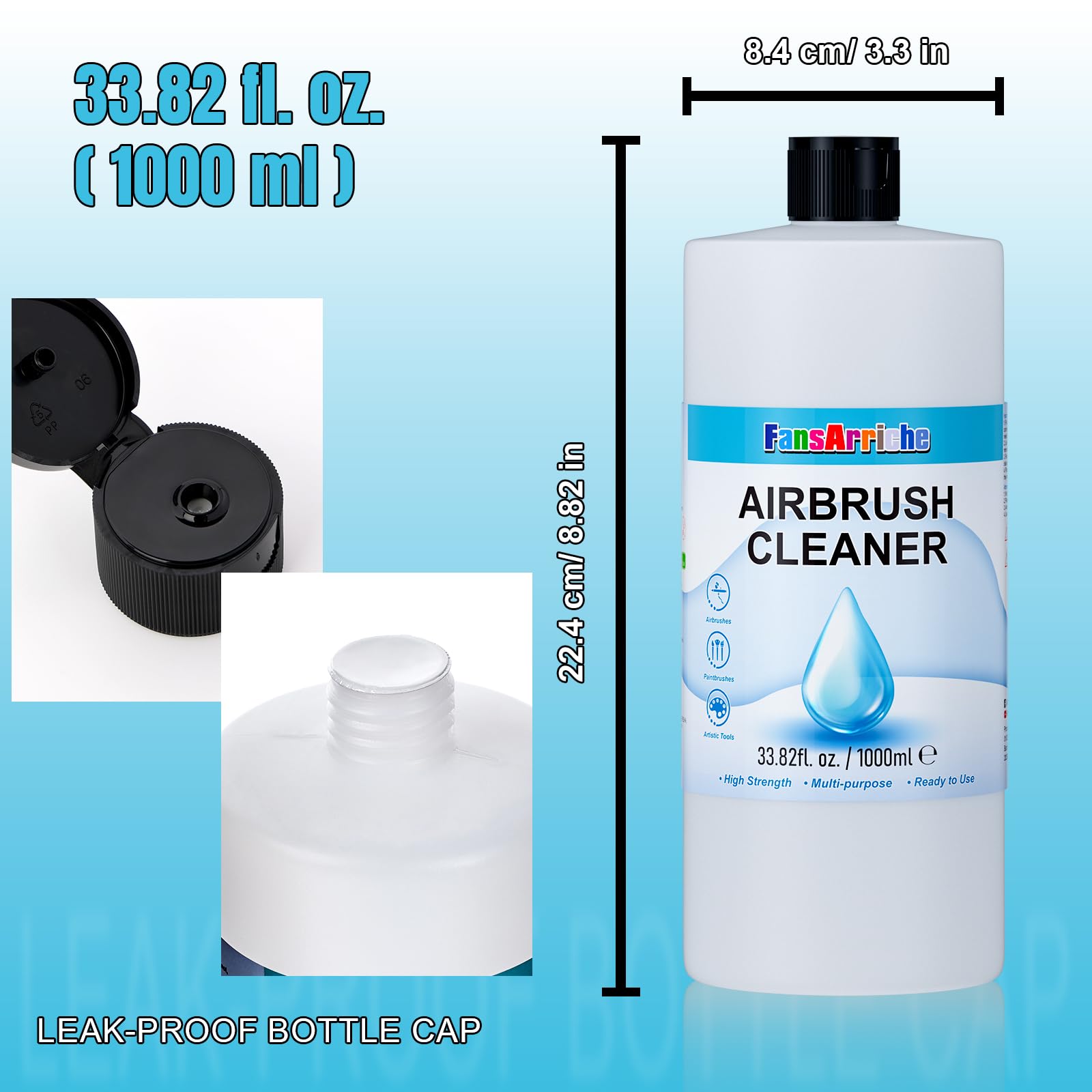 FansArriche Airbrush Cleaner, 33.82 Oz Air Brush Cleaning Solution for Water-Based Acrylic Color Paints, Quickly Clean Clogged Airbrushes, Paint Brushes, Art Tools
