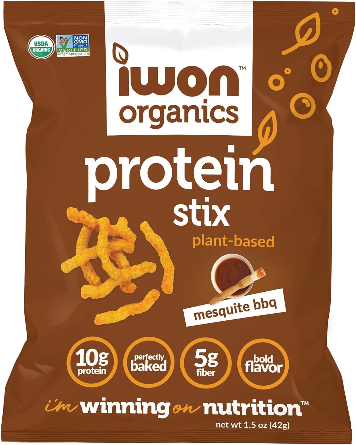 IWON Organics Mesquite BBQ Flavor Snack Stix, High Protein and Organic Healthy Snacks, 8 Bags, 1.5 Ounce
