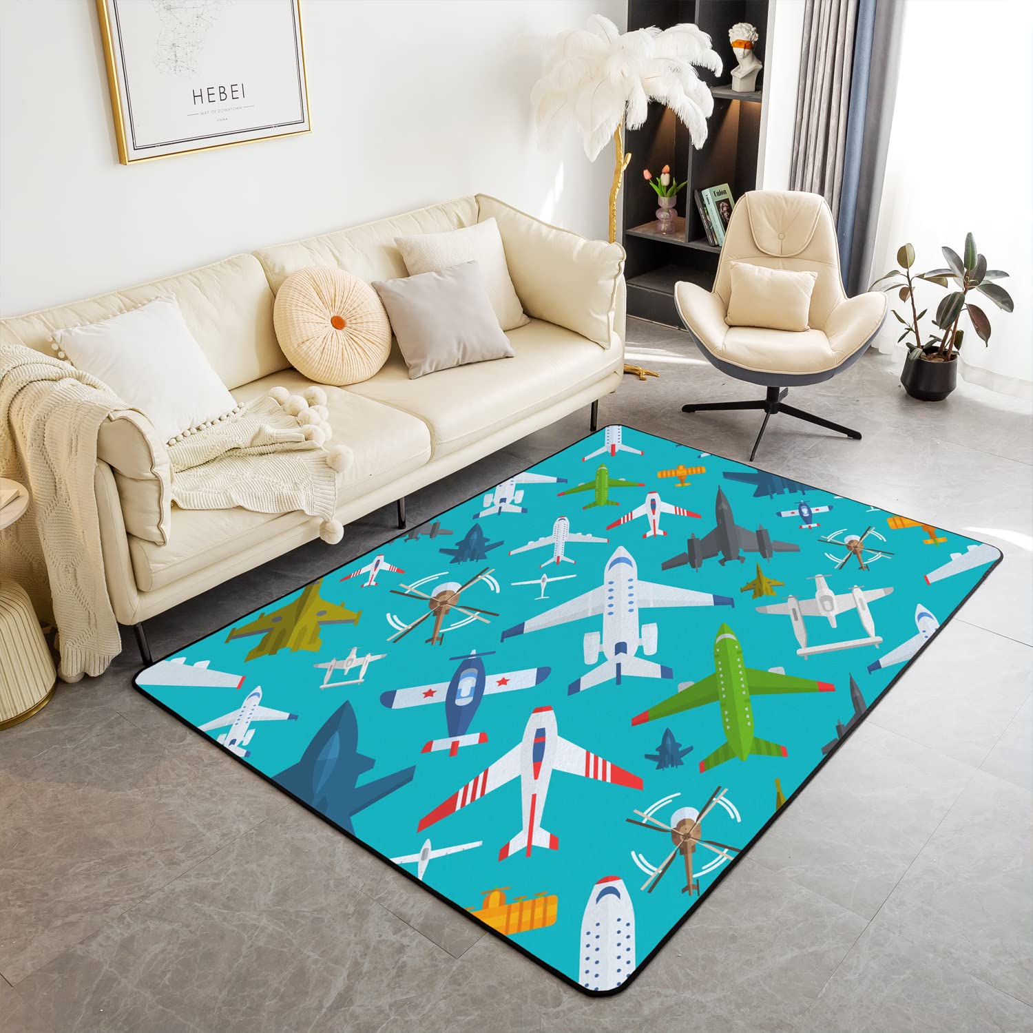 Loussiesd Aircraft Area Rug Kids Airplane Print Indoor Floor Mat Aircraft Flying Rugs for Living Room Bedroom Helicopter Flying Plane Blue Accent Rug 100 * 150cm