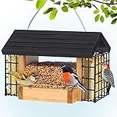 Gbekery Hopper Bird Feeder for Outdoors Hanging, Wooden Bird Feeder with Double Suet Cage and Large Seed Capacity, Cedar Wood Suet Feeder with Weatherproof Roof, Garden Decoration