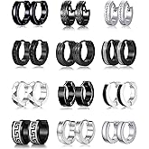 Ofeiyaa 12 Pairs Hoop Earrings for Men Stainless Steel Huggie Earring Round Circle CZ Bevel Edge Unique Greek Key Hoops Piercing Jewelry Set Black Silver Tone