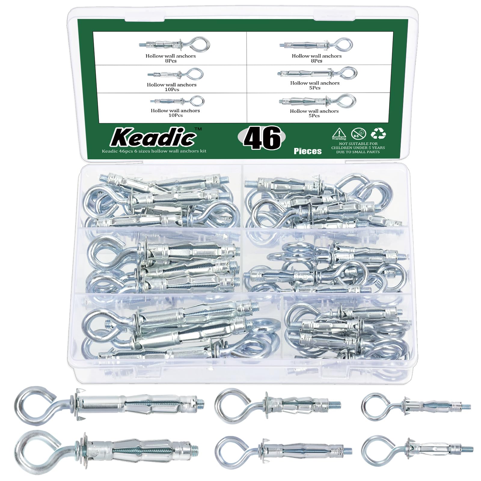 Keadic 46Pcs 6 Sizes Hollow Wall Anchor Screw Assortment Set, M4*32, M4*38, M5*37, M5*52, M6*52,M6*65, Heavy Duty Zinc Plated Steel Molly Bolts for Plasterboard Fixing (Round Ring)