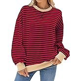 Women's Oversized Striped Sweatshirt Color Block Long Sleeve Crew Neck Sweatshirt Loose Pullover Y2K Shirt Top S-Red Navy XL