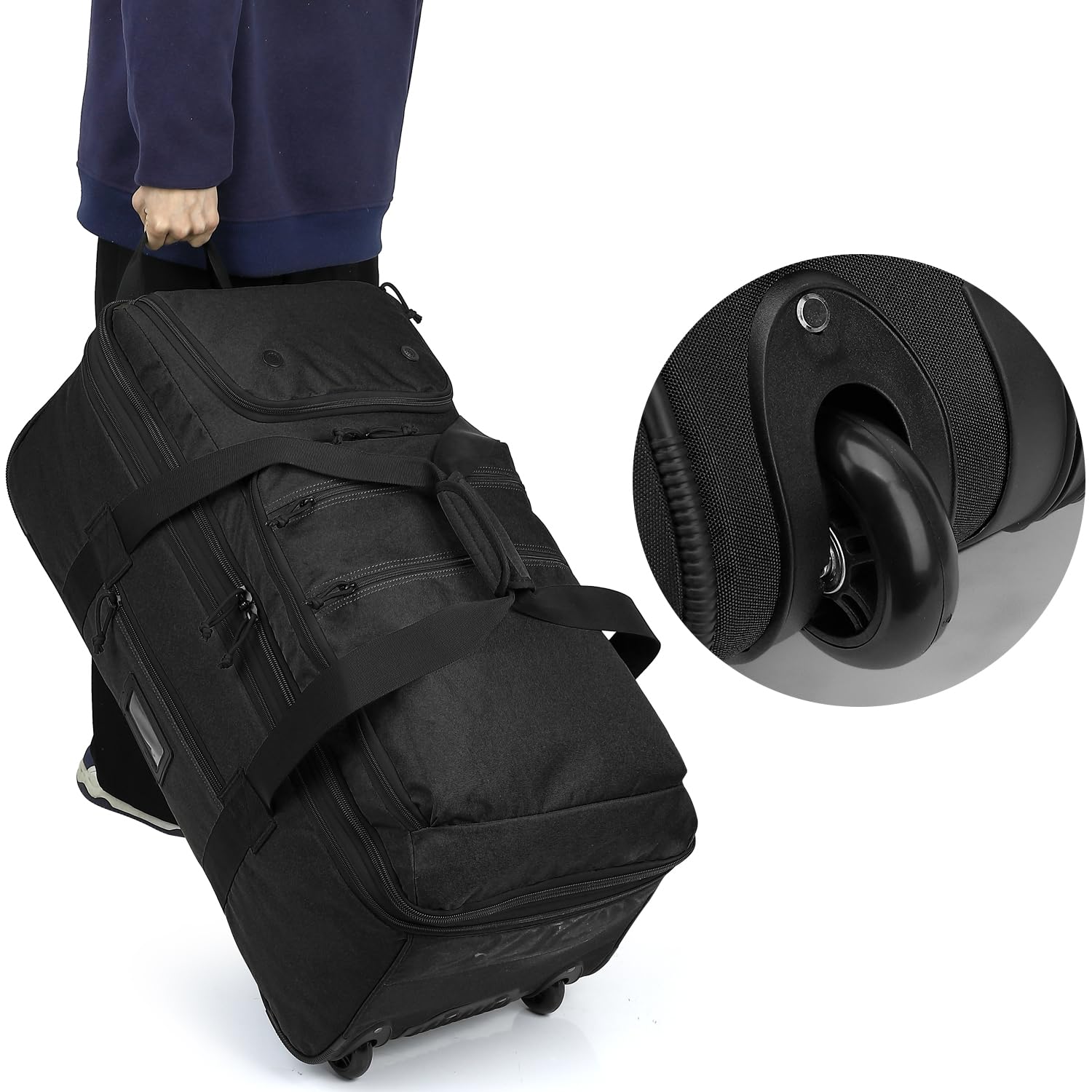 TAIHOYIN Faltbare Reisetasche mit Rollen Groß 85-100L Erweiterbare Handgepäck Tasche Duffel Bag Rolltasche Reise mit Rädern und Mehreren Taschen Packbar für Camping Urlaub 30''/76cm, Schwarz 6