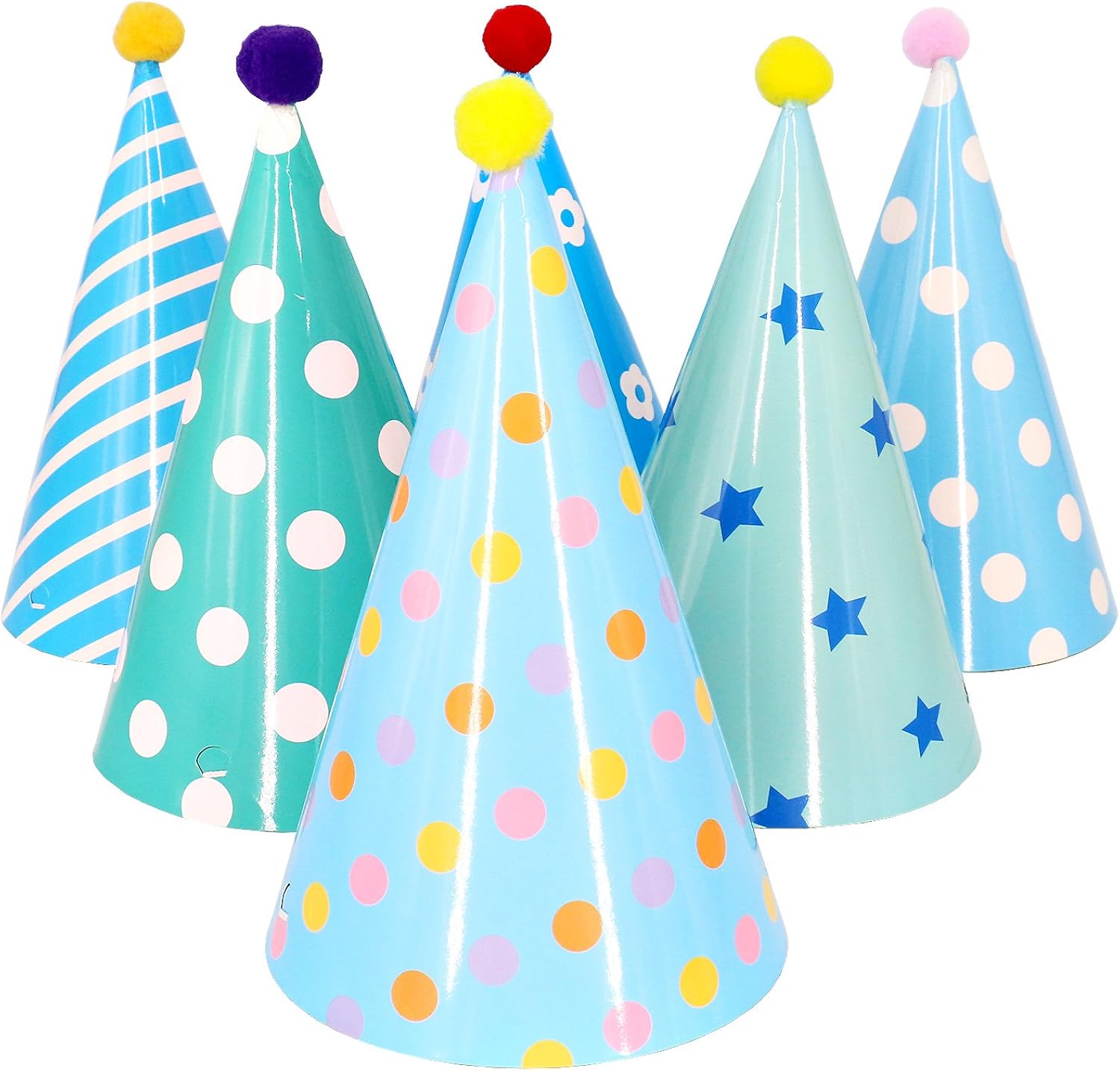 Beurio Kids Happy Birthday Paper Party Cone Hats with Pom Poms, 12ct: Clothing