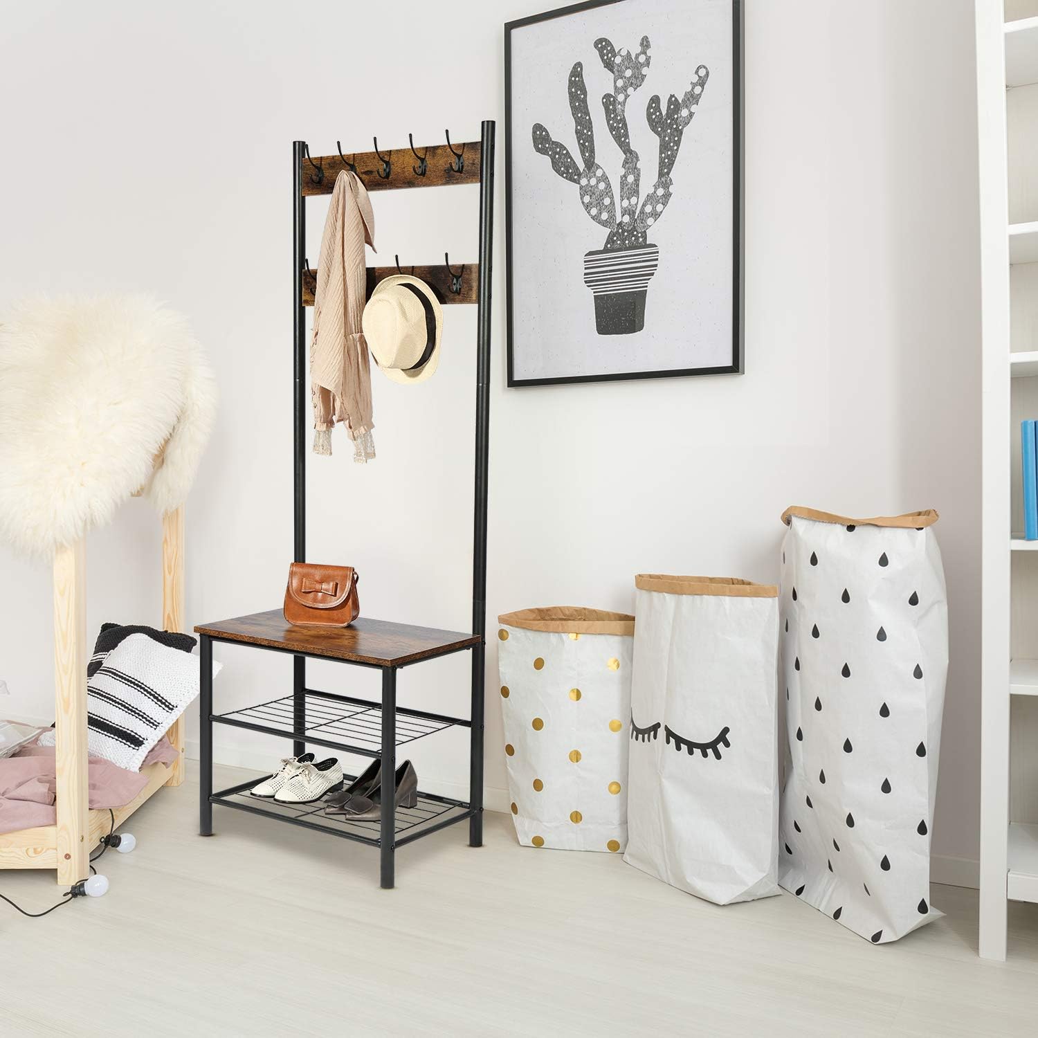CHADIOR, Shoe Bench, Industrial Hall Tree, Entryway Storage Shelf Stand with Hooks, Wood Look Accent Furniture, 3-in-1 Design Easy Assembly Coat Racks, Neutral: Furniture & Decor