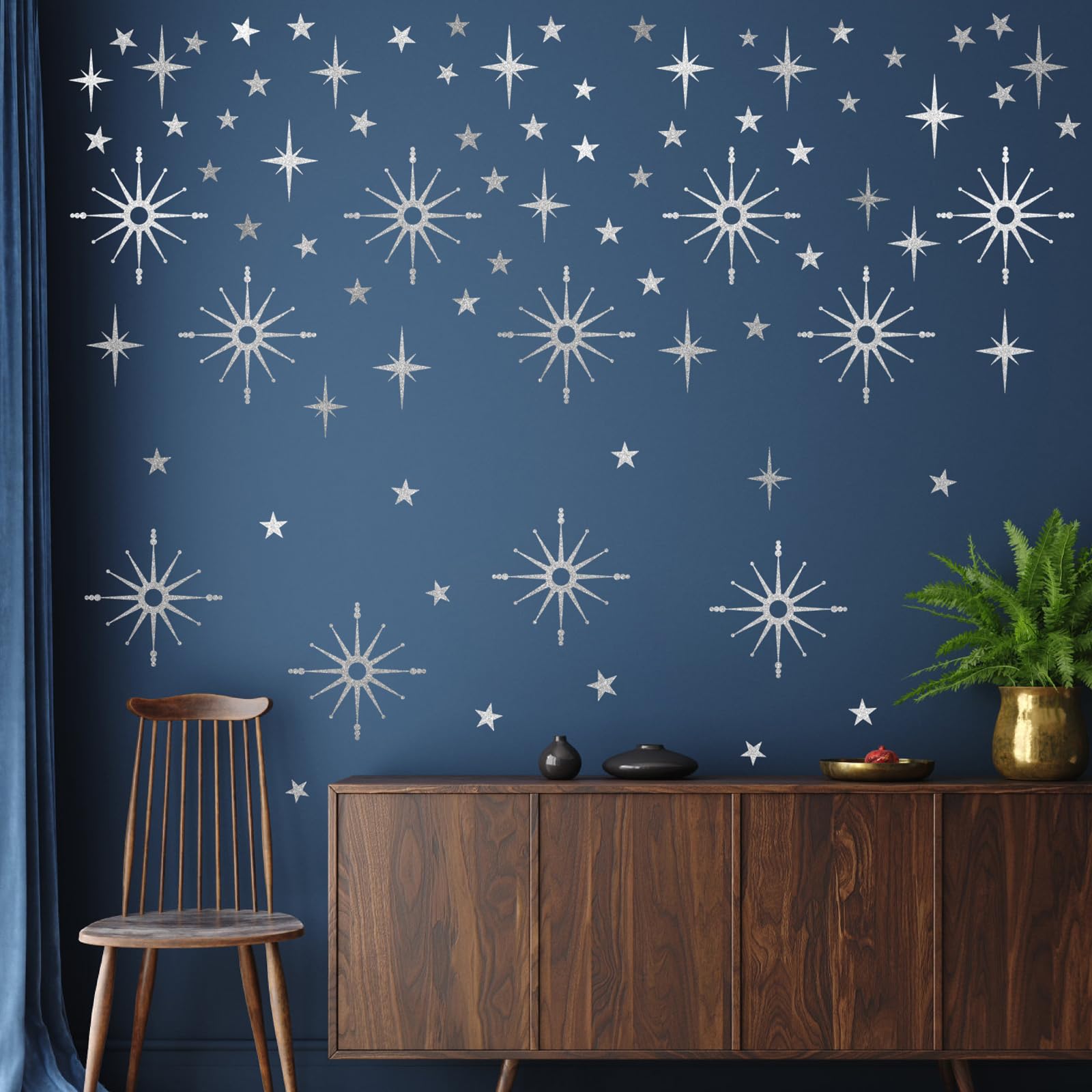 Silver Star Wall Stickers Retro Starburst Wall Decals Peel and Stick for Bedroom Living Room Decor Ceiling Stars Atomic Mid Century Wall Art Murals Modern Viny Wall Decal for Nursery Kids Room — image 1