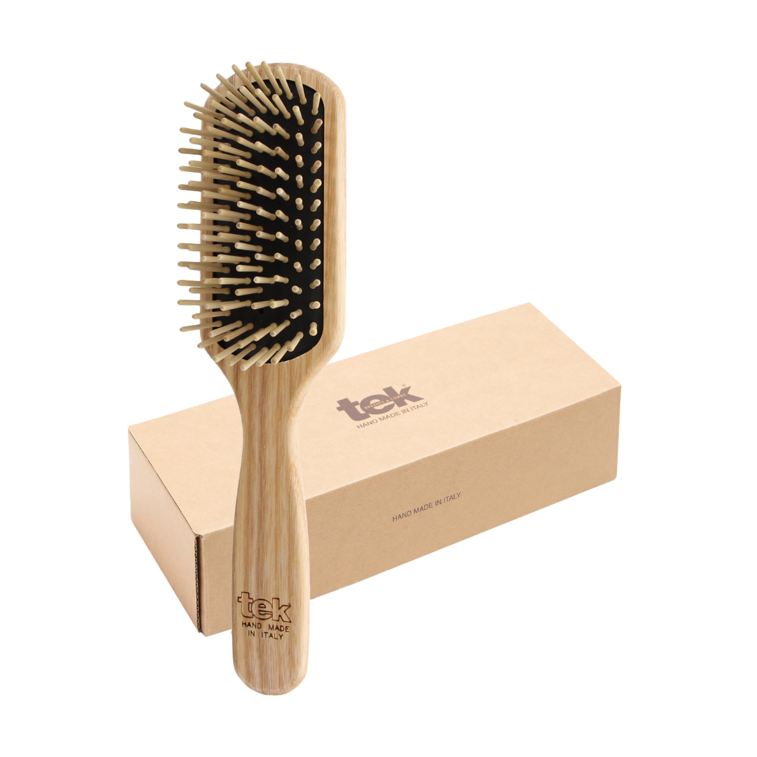 TEK – Medium Rectangular Brush with Short Pins in Ash Wood, Handmade in Italy, for Fine or Straight Hair – 22 x 5.5 cm