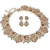 Vintage Crystal Rhinestone Statement Choker Bib Statement Necklace Earring Fashion Costume Jewelry Set for Women