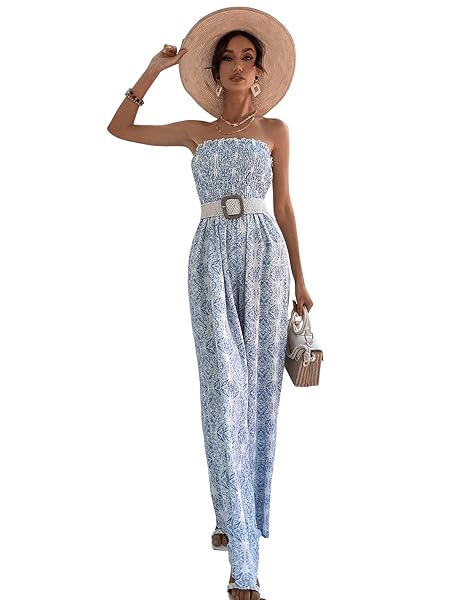 SWEATYROCKS WOMEN’S PRINTED SLEEVELESS TUBE TOP SHIRRED LONG PANTS JUMPSUIT ROMPER BLUE SMALL