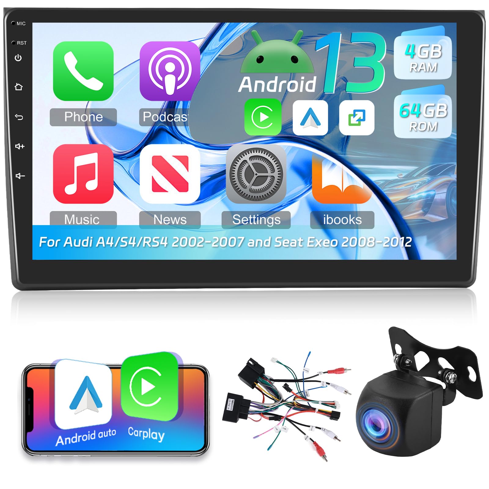 Photo 1 of [8 Core 4+64G] Car Radio for Audi A4/S4/RS4 2002-2007 and Seat Exeo 2008-2012 - Wireless Carplay and Android Auto - 9 Inch 1280*720 IPS Touchscreen Android Stereo - DSP, GPS, SWC + AHD Backup Camera