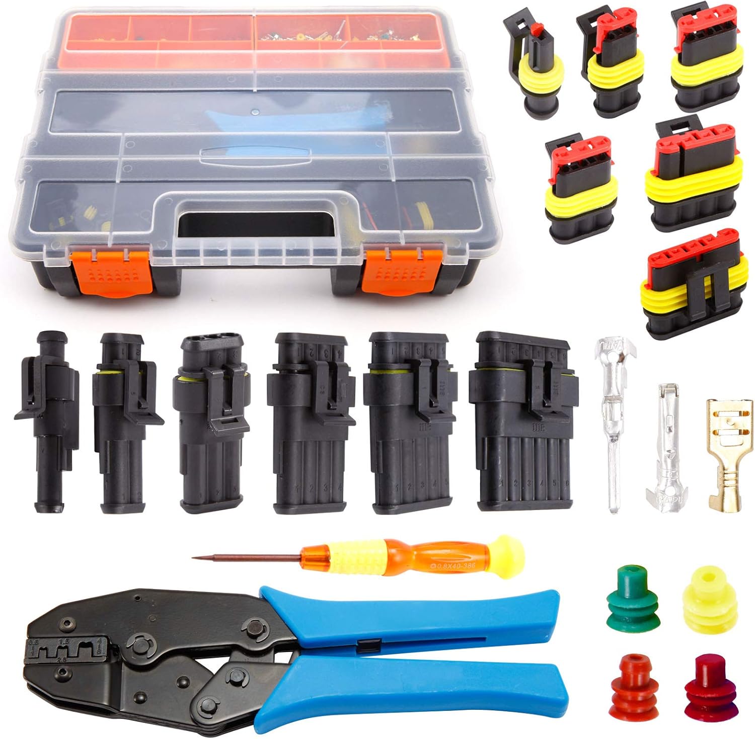 SurePromise Superseal Crimping Tool Wire Crimper Plier Self-Adjustable Ratchat with Screwdriver Car Waterproof Electrical Terminal 1-6 Pin Way Superseal Connector 10X Female Cable Lug Assortment Case - Image 3