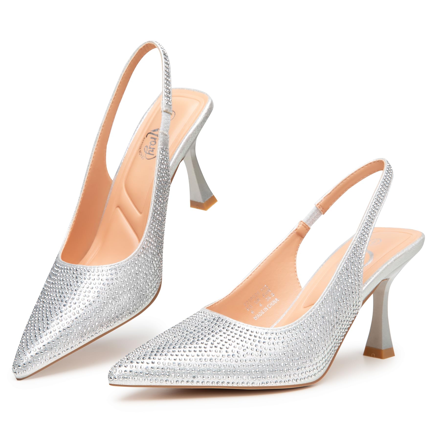 Photo 1 of SIZE 8 Trary Slingback Heels for Women - Pointed Toe Pumps - 3.2" High Heels - Slip On Rhinestone Glitter - Comfortable Party & Dressy Silver