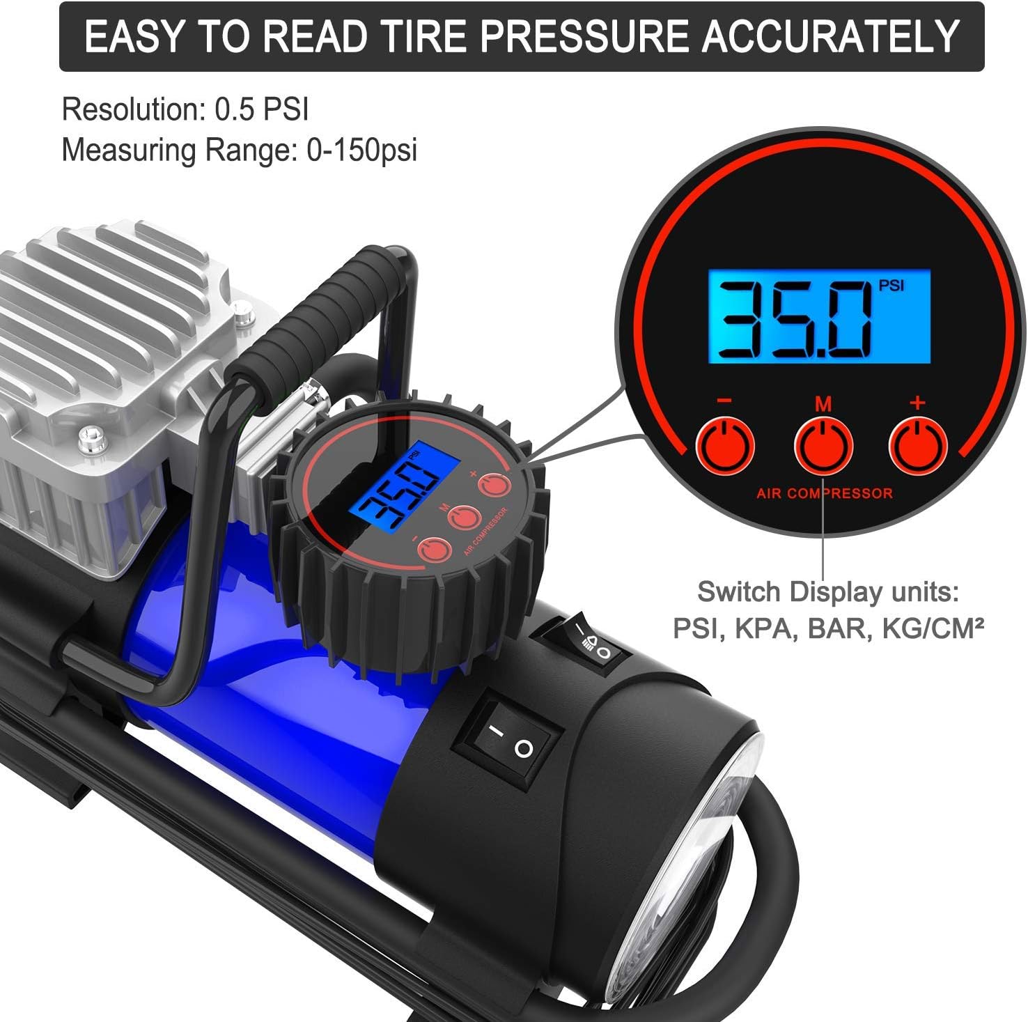 LYSNSH 12V DC Portable Air Compressor - 150 PSI Digital Tire Inflator Tire Pump with Pressure Gauge: Automotive