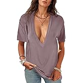 UNCLECAT Womens Deep V-Neck T Shirts Sexy Short Sleeve Tops Summer Oversized Tee