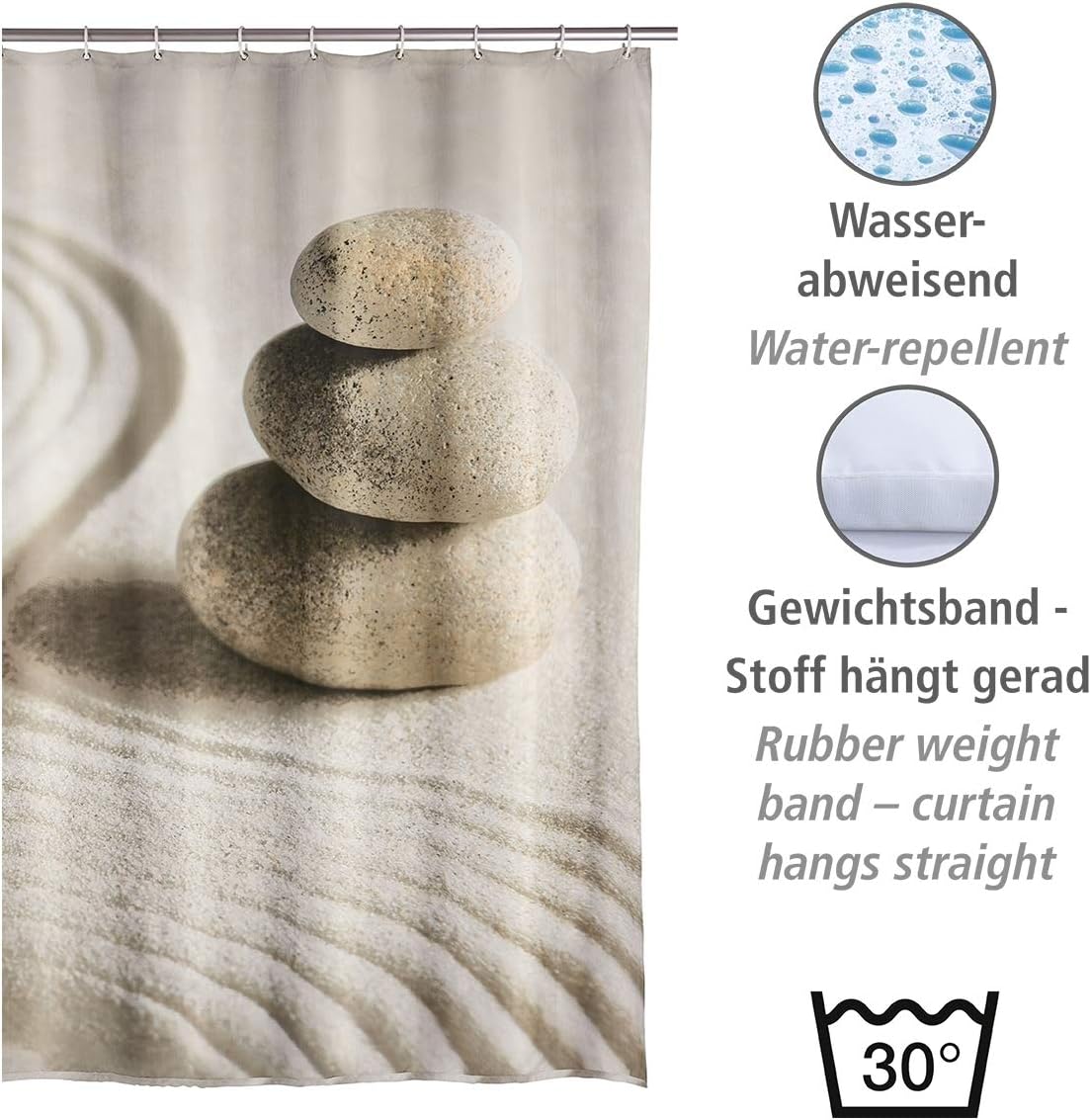 WENKO "Sand and Stone Shower Curtain, Multi-Colour, 180 x 200 cm, W 70.9" x L 78.7" (1 Panels) - Image 4