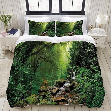 Amazon Nikivivi 布団カバーセット 森の中に牧歌的な森林グリーンランド夢のような神秘的な新鮮なトロピカルビュー 敷布団カバー 布団カバー かっこいい セミダブル 175 X 210cm 寝具カバーセット オンライン通販