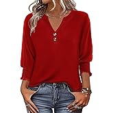 Hount 3/4 Sleeve Shirts for Women Dressy Casual Button V Neck Tops 2026 Summer Work Blouses Cute Henley Shirts