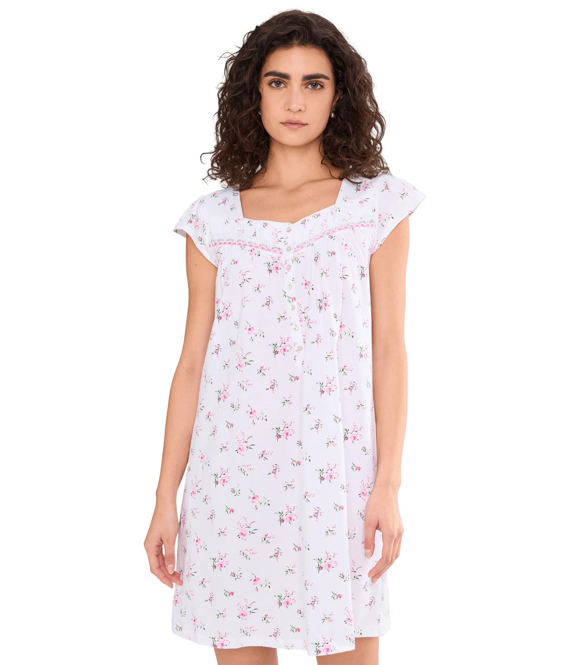 Eileen West Womens Cotton Knit Cap Sleeve Short Gown White Ground Petite Roses Small