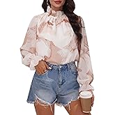 Cuffbow Women Floral Blouse Puff Long Sleeve Ruffle Shirt Mock Neck Chiffon Boho Top 2026 Trendy Pleated Dressy Casual Outfit