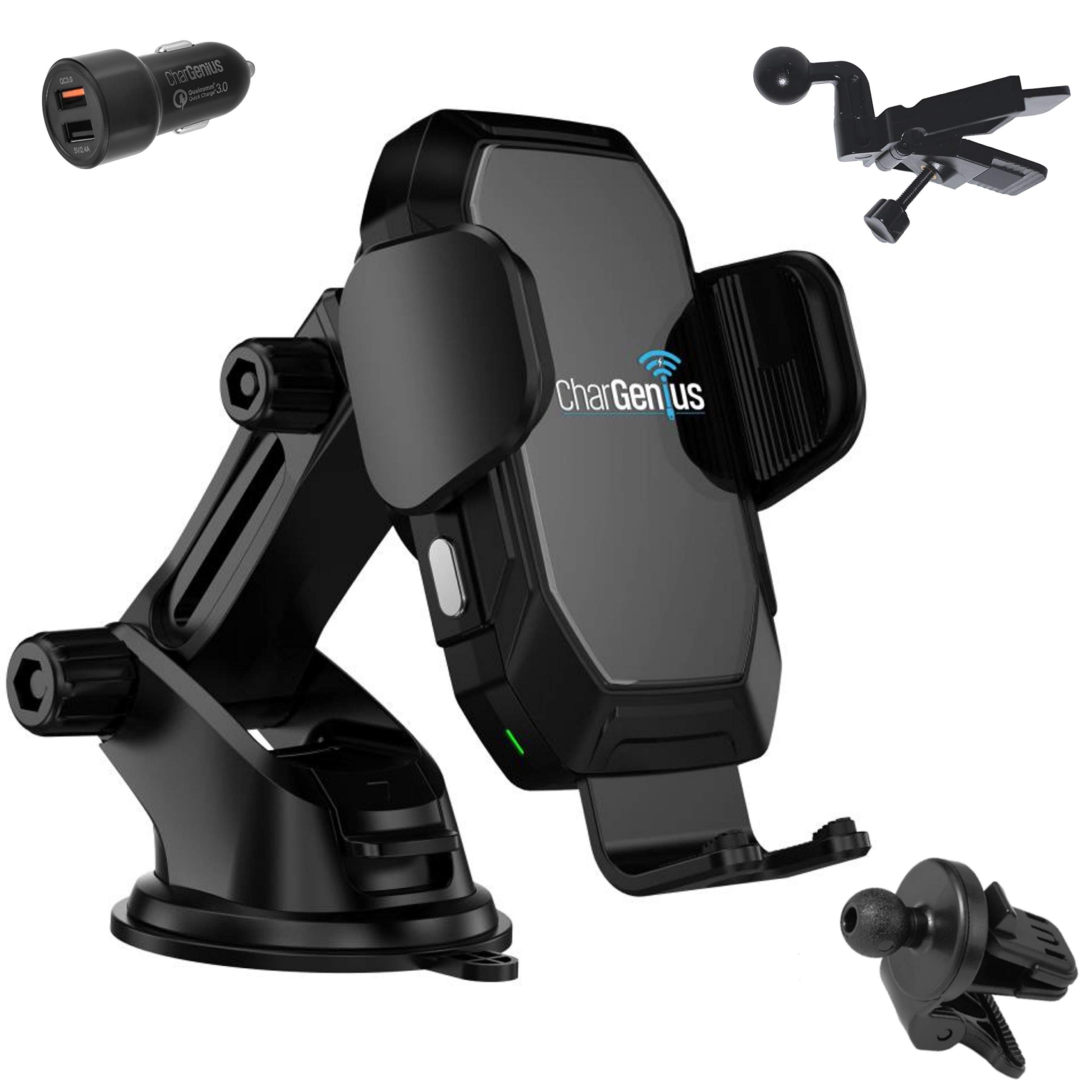 CHARGENIUS 15W Wireless Car Charger, 2021 Version Tempered Glass Fast Qi Charger Auto Clamping, CD Slot Mount Phone Holder Dashboard Windshield Air Vent for iPhone, Android LG Samsung Galaxy Phones