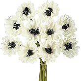 10Pcs White Poppies Flowers Artificial 12.9In Fake Poppies Anemone PU Flower Stem for Wedding Floral Arrangement Home Table Vase Decoration