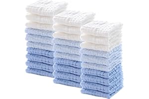 Chumia 30 Pcs Baby Muslin Washcloths Muslin Burp Cloths Baby Towel Natural Cotton Burp Cloths Wipes Soft Newborn Face Towel Absorbent for Face Bath Shower, 12 x 12'' (Light Blue, White, Blue)