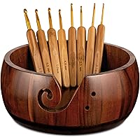 Wooden Yarn Bowl Holder, Craft Knitting Bowl with 8pcs Metal Crochet Hooks, 7.9''Large Yarn Holder Dispenser Yarn Storage Bow