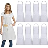 DUSKCOVE 8 Pack Bib Aprons Bulk - Unisex White Commercial Apron with 2 Pockets for Kitchen Crafting BBQ Drawing Cooking