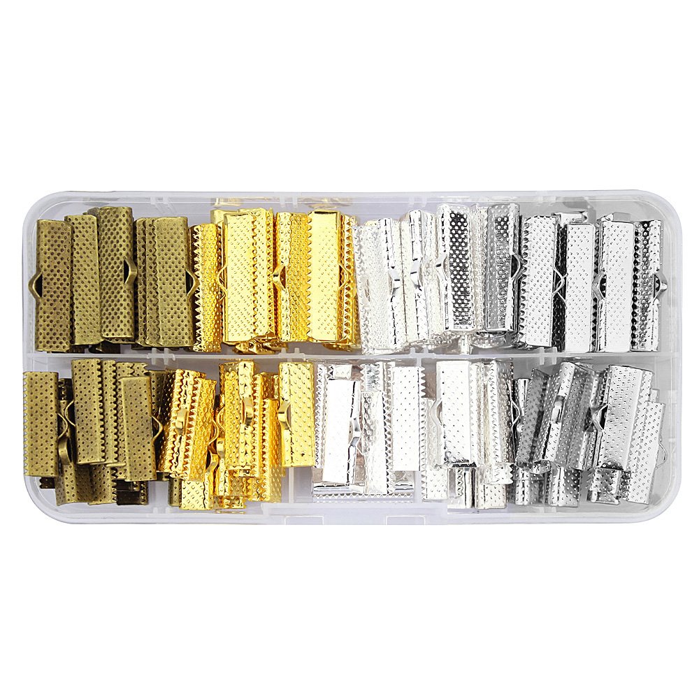 LolliBeads (TM) 160Pcs Mixed Color 20mm and 25mm Ribbon Bracelet Bookmark Pinch Crimp Clamp End Findings Cord Ends Leather Crimp Ends Jewelry Making Findings