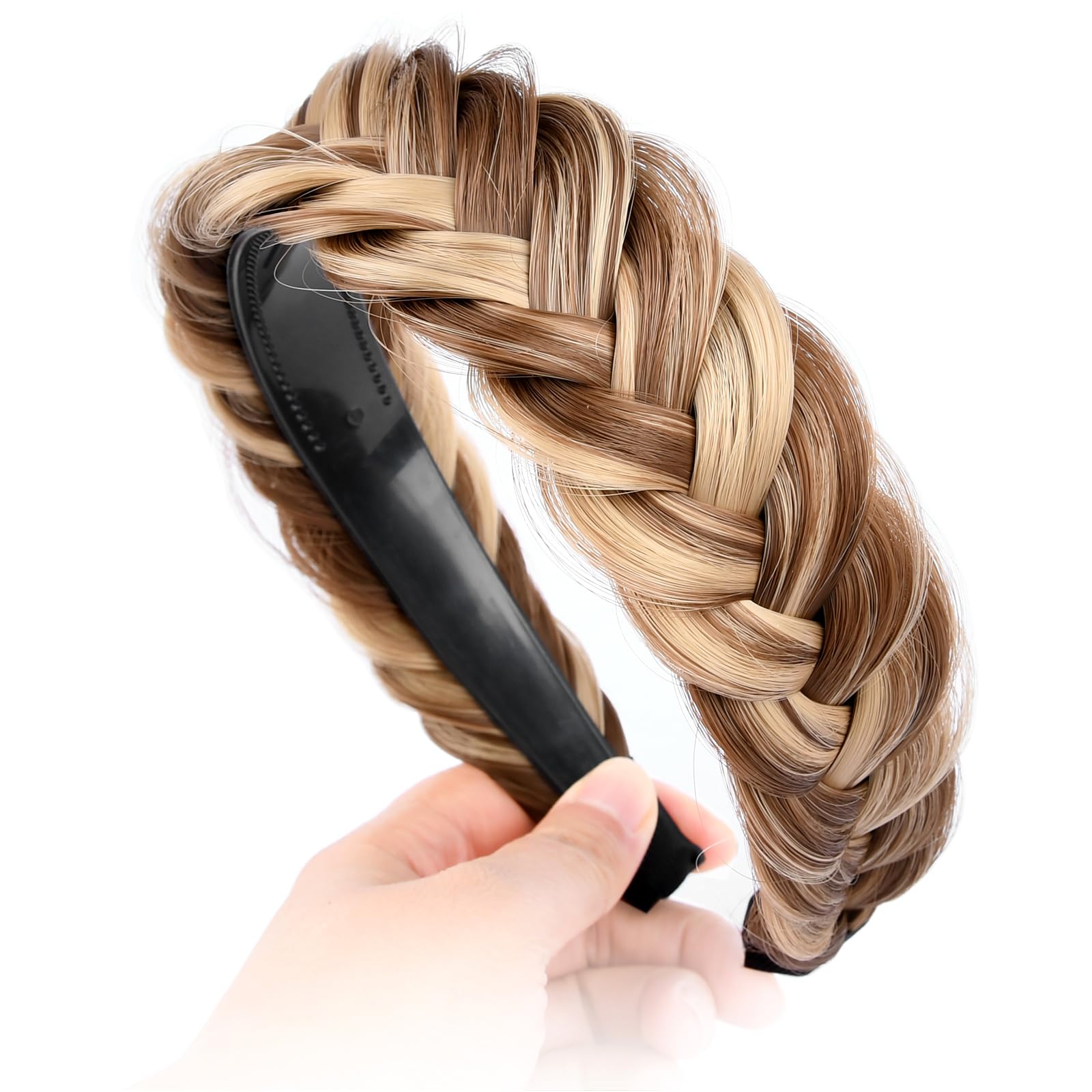 BOBIYA Wide Braided Headband with Teeth Braid Headbands With Teeth for Women Braided Hair Headbands with Tooth (Highlighted Warm Brown)