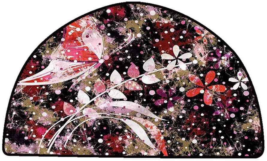 Non-Slip Bath Hotel Mats Floral,Butterflies Leaves Flowers,W30 x L18 Half Round Rugs for Sale