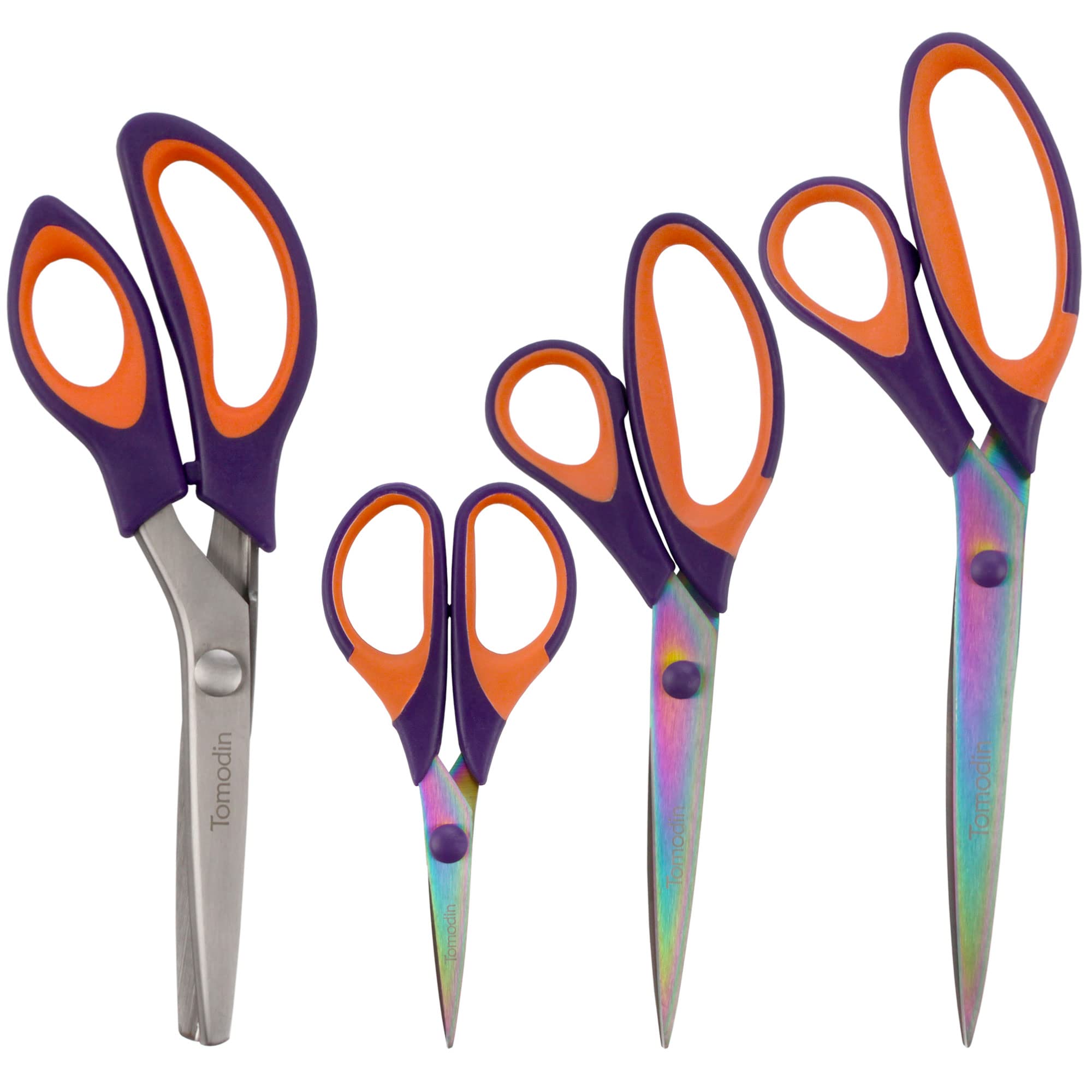 BambooMN Titanium Softgrip Scissors Set - Pinking, Sewing, Arts, Crafts, Office - 1 Set of 4 - Purple w/Orange