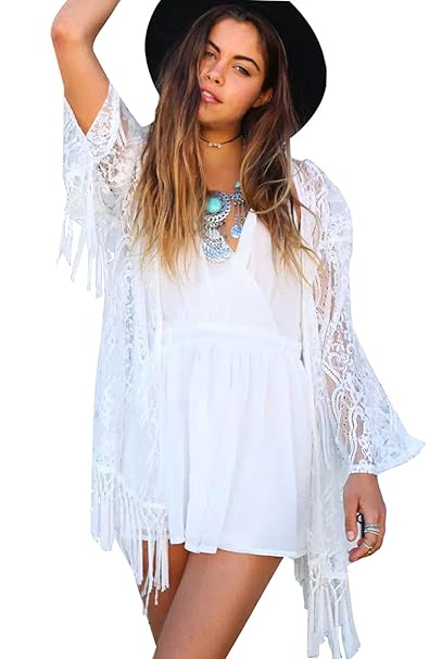 Mangotree Damen Sehen Durch Spitze Kimono Cardigan Exotische Vintage Boho Hippie Häkeln Quasten Mini Kleid Bikini Bademode Ve