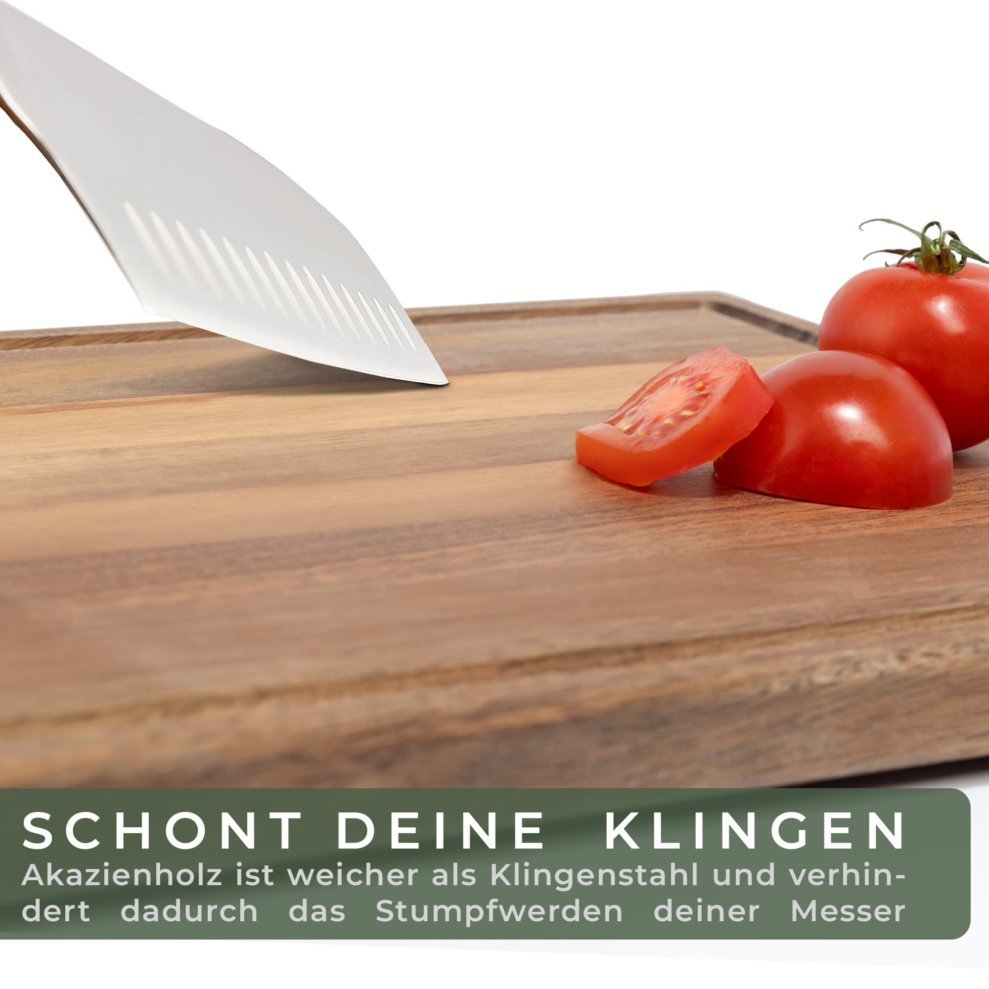 WALDWERK Schneidebrett 3er Set (40x30 / 33x24 / 26x18cm) aus massiver Akazie - Schneidebretter mit Brettständer - 2cm dicke Holzbretter mit Saftrille - Design Schneidebrett Set 7