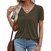 LOMON Womens Summer Tops Short Sleeve V Neck Pleated T-Shirts Loose Fit Dressy Casual Blouses S-XXL