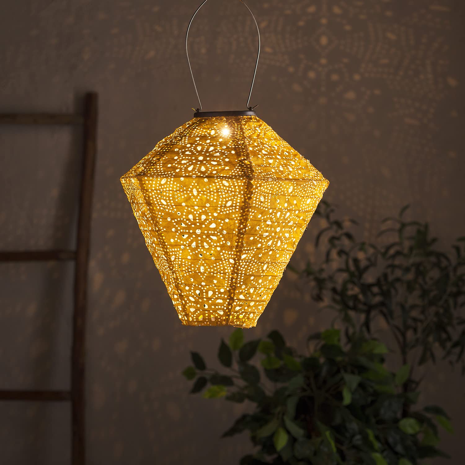 Lights4fun Outdoor Solar Powered Moroccan Yellow Decorative Light Hanging Lantern IP44 Fully Waterproof