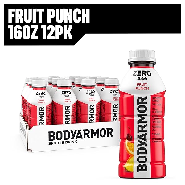 BODYARMOR ZERO SUGAR FRUIT PUNCH, SUGAR FREE SPORTS DRINK – LOW-CALORIE HYDRATION – NATURAL FLAVORS WITH POTASSIUM PACKED ELECTROLYTES, ANTIOXIDANTS, AND B-VITAMINS, 16 FL OZ (PACK OF 12)